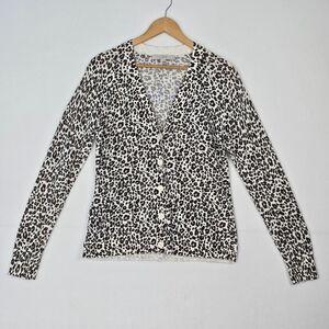 Ann Taylor LOFT Womens Medium Brown Pink White Leopard Print Cardigan Sweater